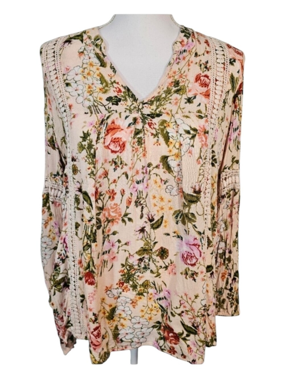 Chelsea & Theodore Pink Green Floral Boho Crochet High Low Long Sleeve Top SZ L